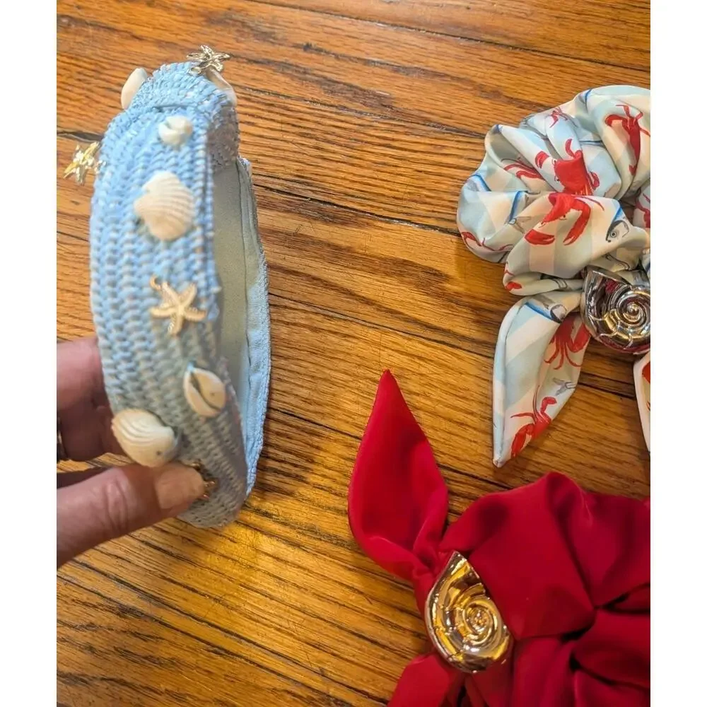 Beach NWOT Lot Hair Band & Ties Ocean Shells Light Blue Crab Red